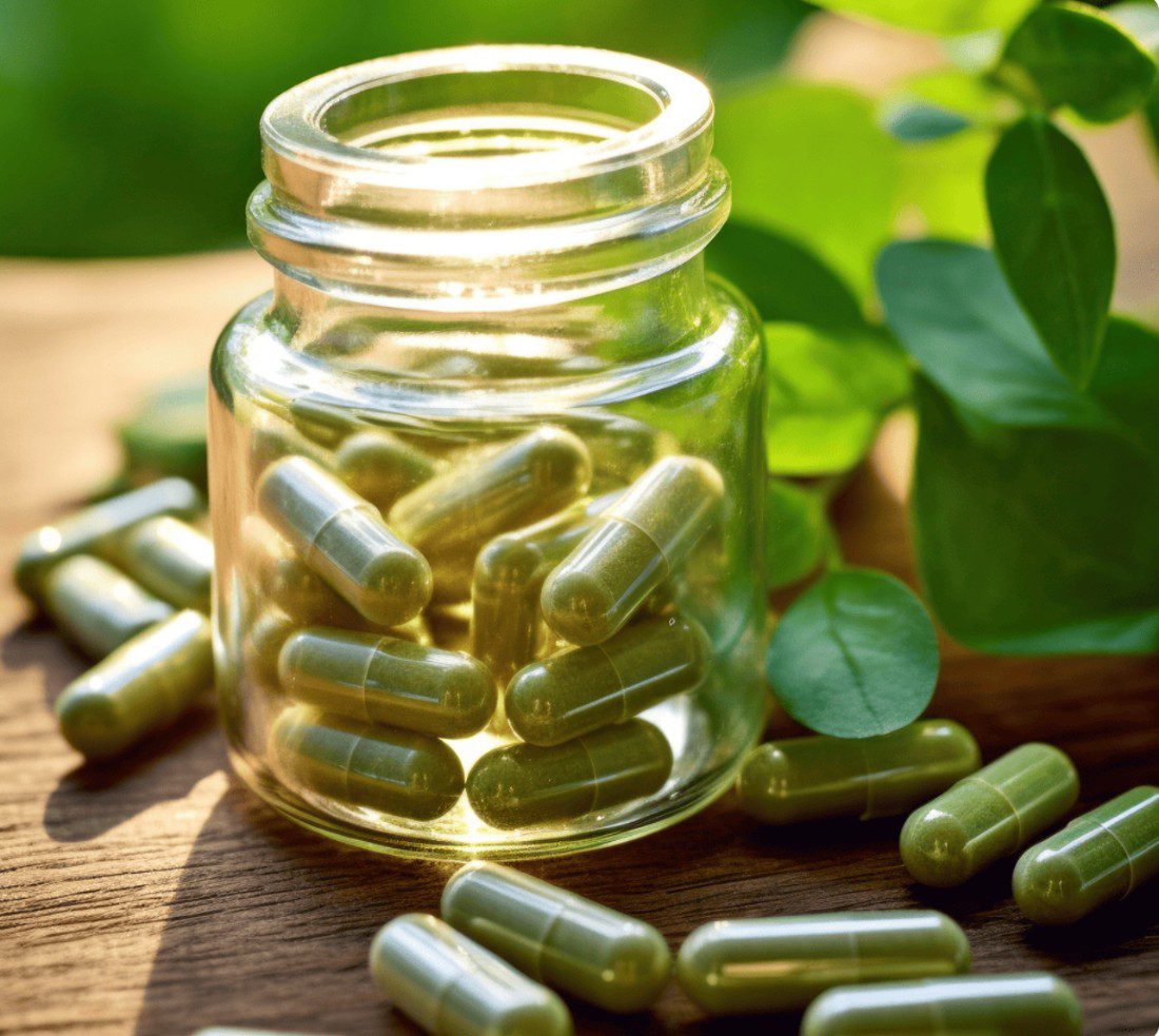 Botanical capsules in a glass jar