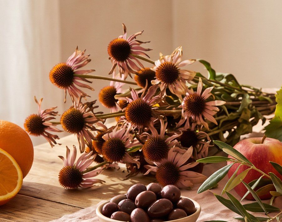 Cut echinacea flowers on a wooden table