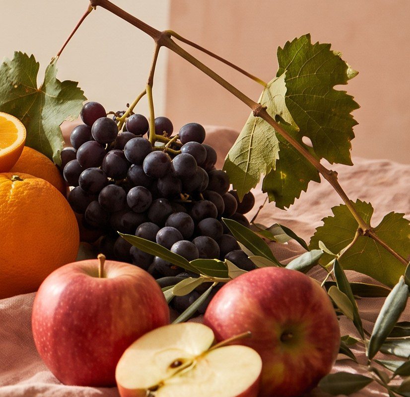 Grapes, apples and olive branches