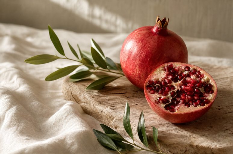 Whole and halved pomegranate on linen with olive leaves