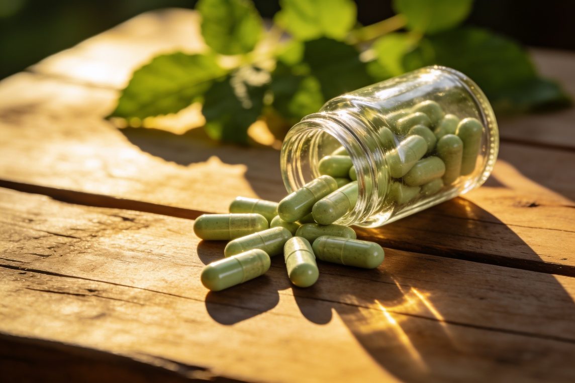 Botanical capsules in a glass jar